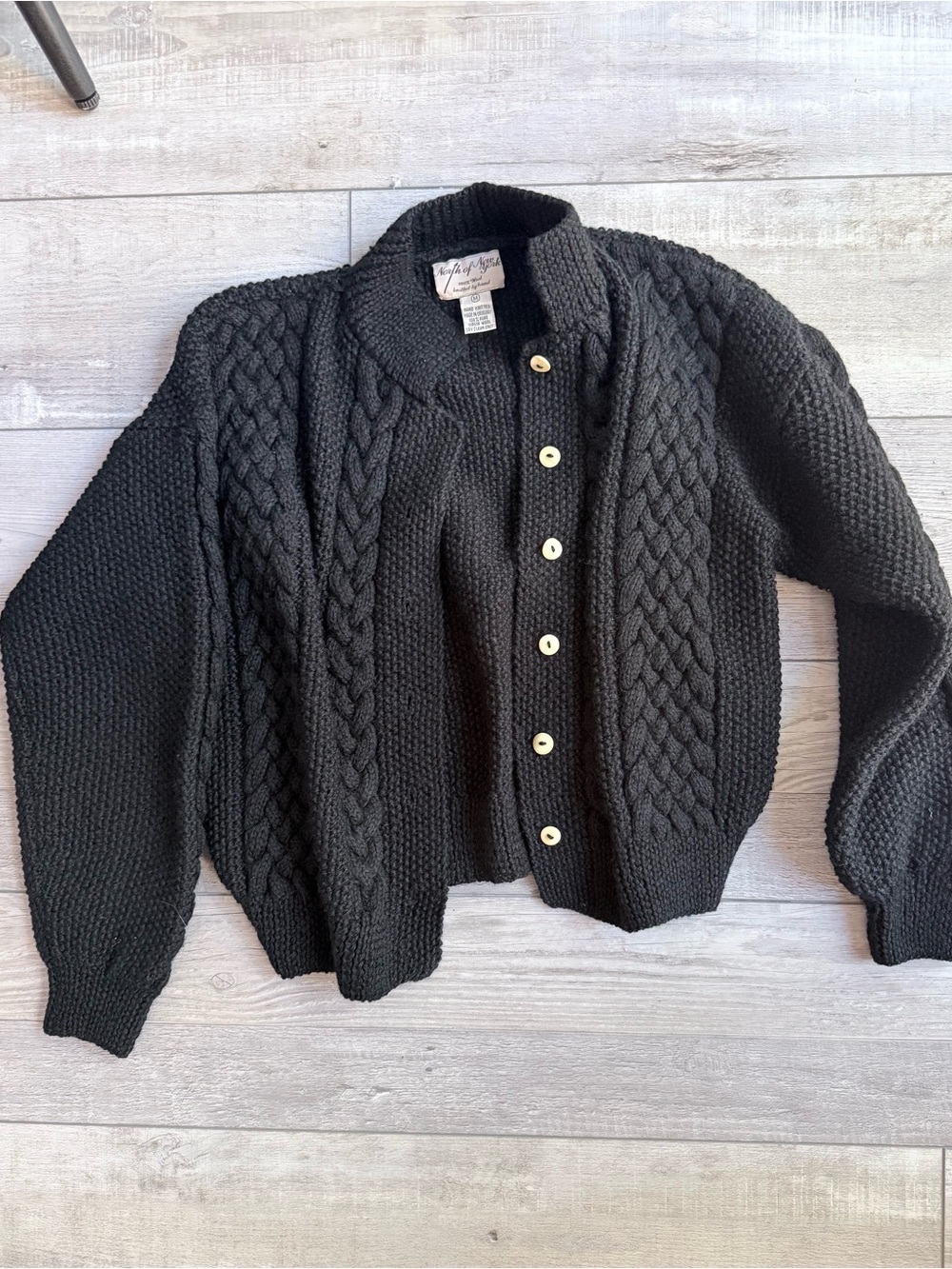 VINTAGE HAND KNITTED WOOL Black Cable-Knit Button Front Sweater Cardigan